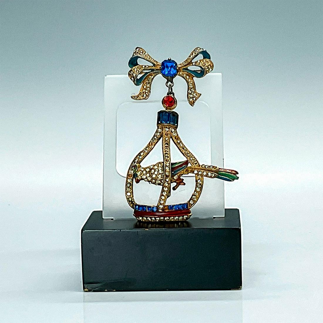 Staret Trembler Parrot in Cage Pin-Enamel Bow w/Rhinestones (1 of 2)