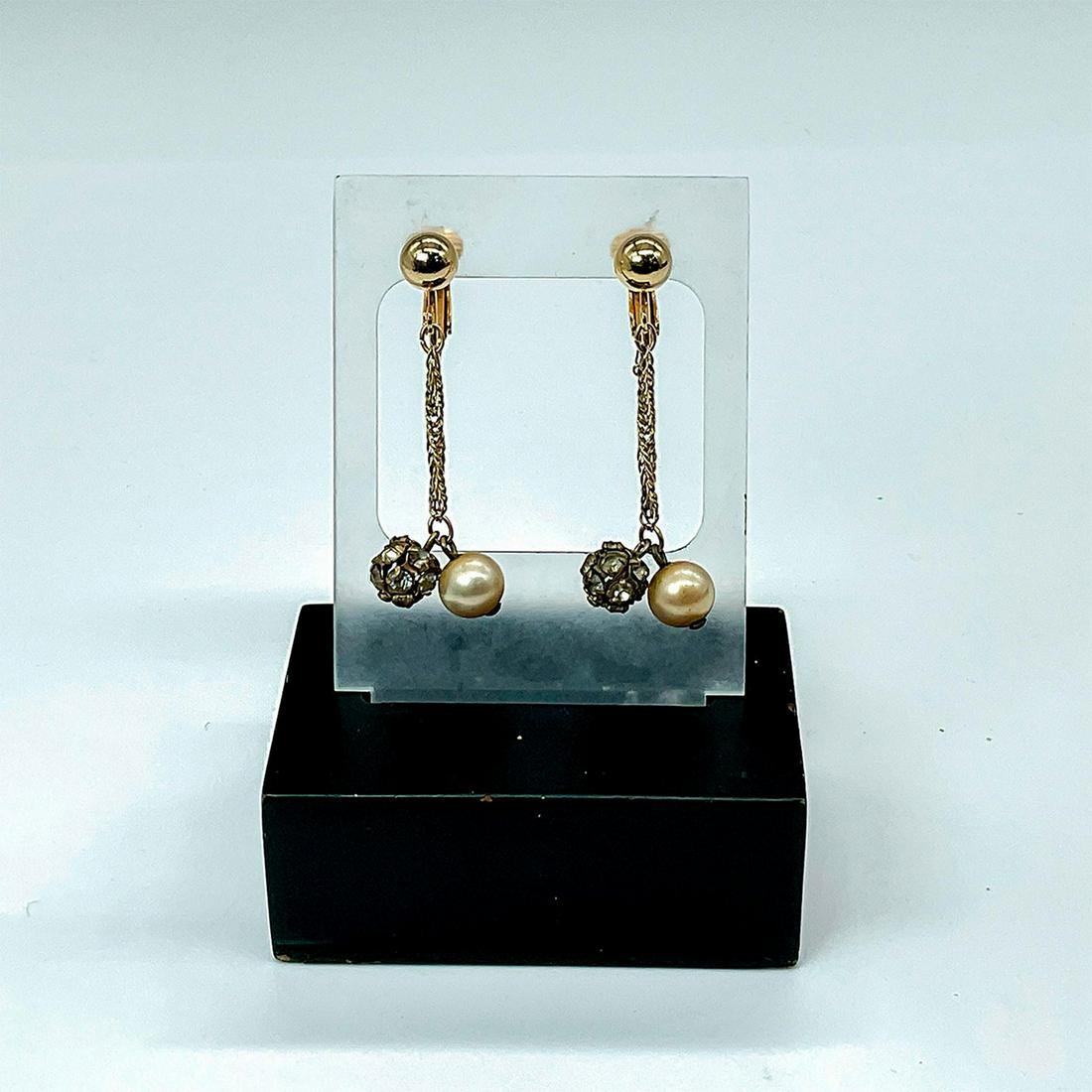 Bergere Gold Tone Rhinestone & Pearl Beads Clip On Earrings (1 of 3)