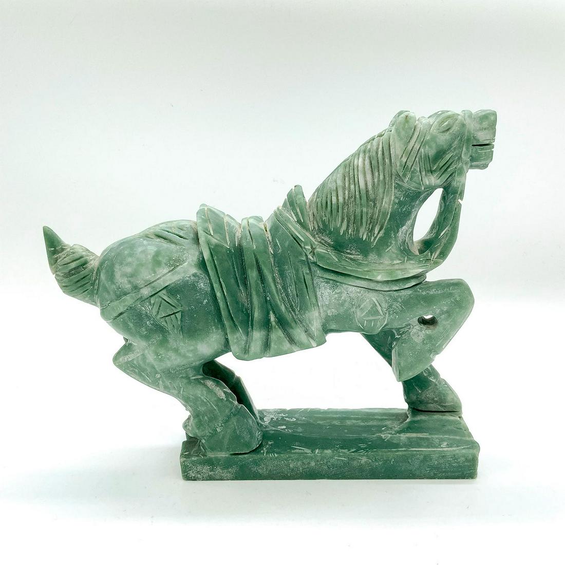 Chinese Tang Horse Stone Figure: Depicted wearing ceremonial saddle in standing pose with one leg raised. Dimensions: 8.25"L x 2"W x 7"H