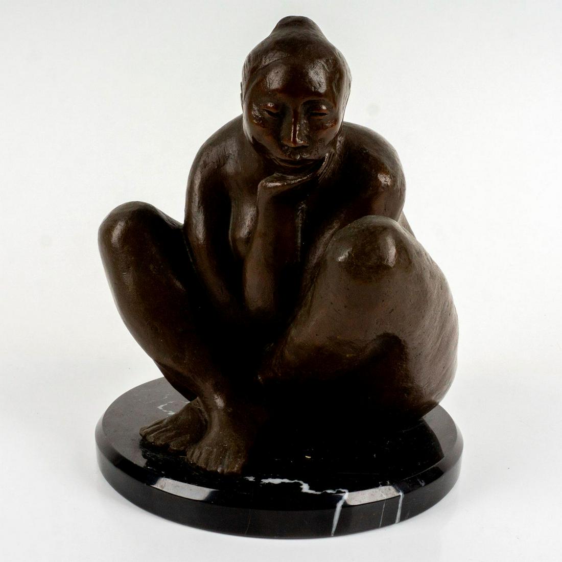 Francisco Zuniga (Costa Rican/Mexican, 1912-1998) Bronze Sculpture, Woman Sitting: Limited edition sculpture on marble base depicting a nude woman in a sitting position thinking. Signed, numbered 3/15 and dated 1971. Dimensions: 7.25" W x 10" H