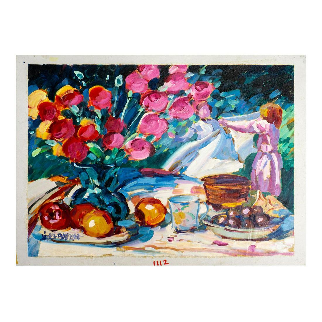 Lisandro Baylon (Argentinian b.1951) Oil on Canvas Painting: Unstretched Canvas. Artist signature lower left. Depicting a girl and still life of flowers and fruit on a table. Canvas size: 23"L x 18.875"H. Image size: 20.875"L x 17"H. #LisandroLopezBaylon #Paint