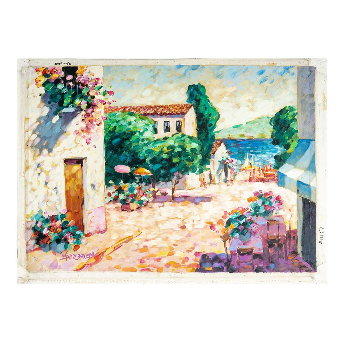 Lisandro Baylon (Argentinian b.1951) Oil on Canvas Painting: Unstretched Canvas. Artist signature lower left. Depicting a picturesque town overlooking the bay. Canvas size: 32.75"L x 26.25"H. Image size: 30.5"L x 23.75"H. #LisandroLopezBaylon #Painting Artist: 