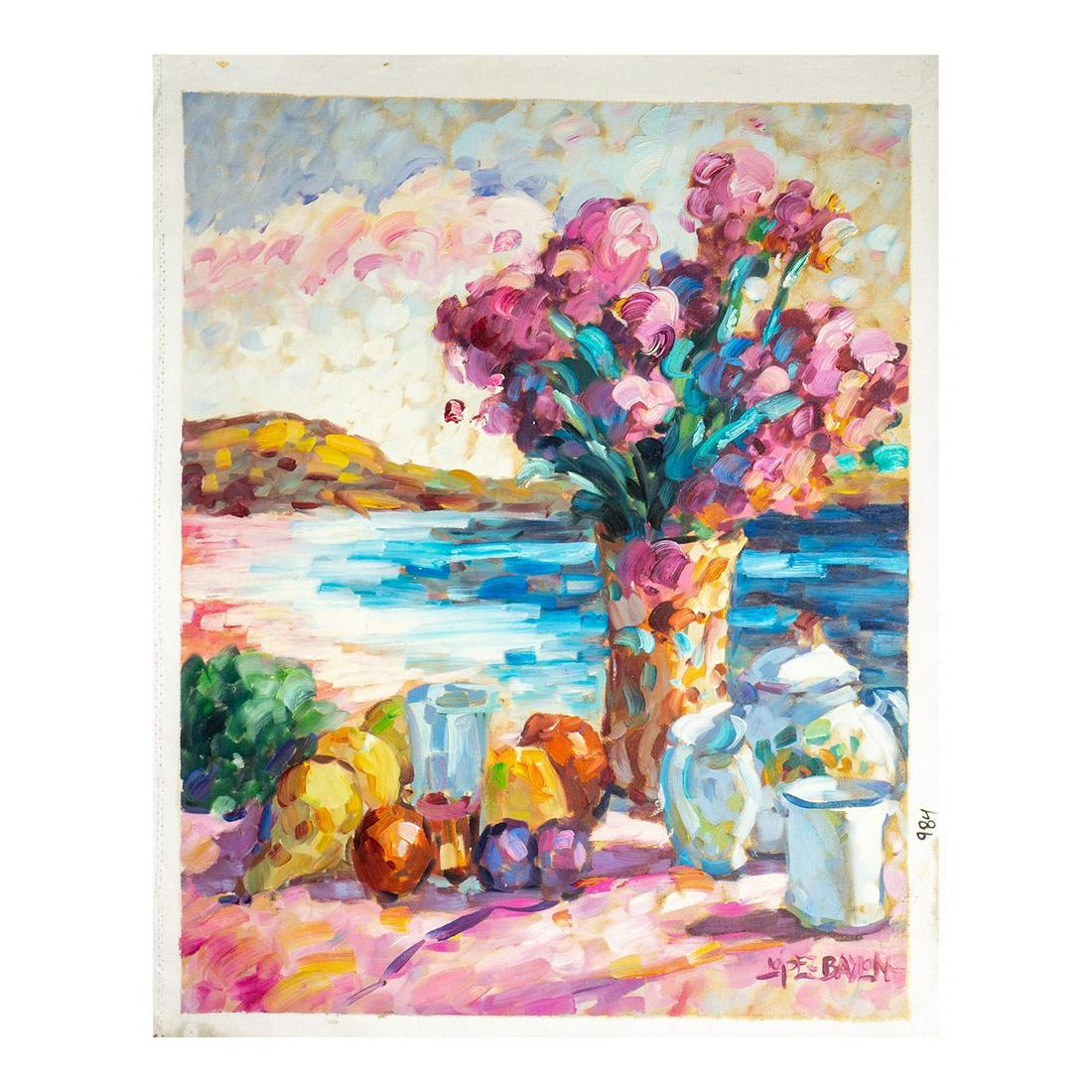 Lisandro Baylon (Argentinian b.1951) Oil on Canvas Painting: Unstretched Canvas. Artist signature lower right. Depicting still life of flowers, fruit, and pottery, overlooking the sea. Canvas size: 26"L x 34"H. Image size: 24.25"L x 30.75"H. #LisandroLopezBaylo