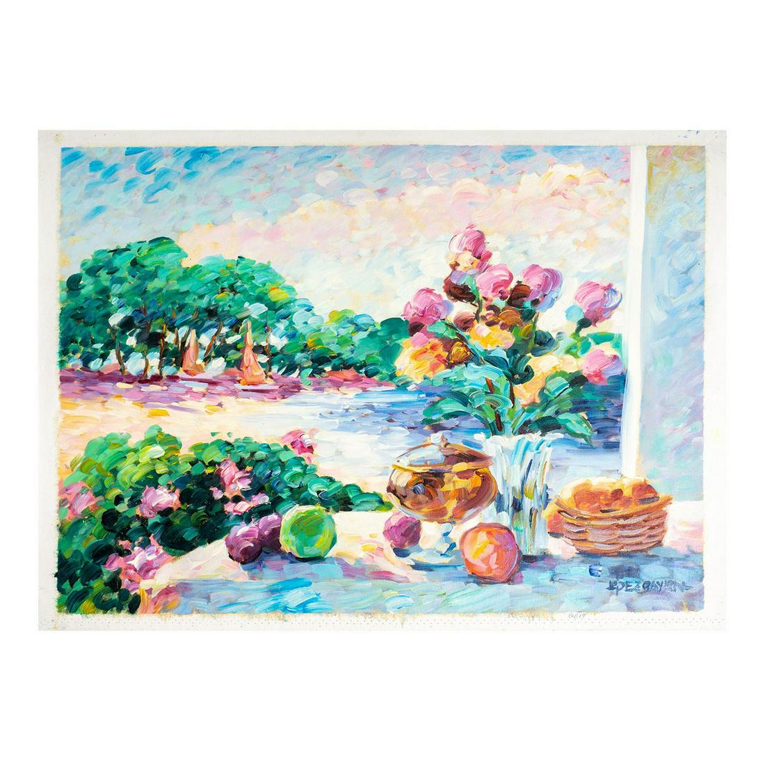 Lisandro Baylon (Argentinian b.1951) Oil on Canvas Painting: Unstretched Canvas. Artist signature lower right. Depicting still life of flowers, fruit, and pottery, overlooking a wooded oceanside. Canvas size: 32.75"L x 26.25"H. Image size: 30.5"L x 24.25"H. #Li