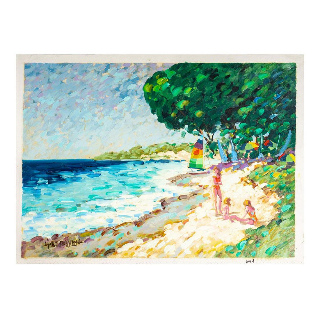 Lisandro Baylon (Argentinian b.1951) Oil on Canvas Painting: Unstretched Canvas. Artist signature lower left. Depicting three girls relaxing at the seaside. Canvas size: 33"L x 26.25"H. Image size: 31"L x 24.25"H. #LisandroLopezBaylon #Painting Artist: Lisandro