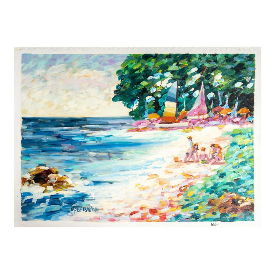 Lisandro Baylon (Argentinian b.1951) Oil on Canvas Painting: Unstretched Canvas. Artist signature lower left. Depicting children playing at the seaside. Canvas size: 32"L x 26.75"H. Image size: 30"L x 24.5"H. #LisandroLopezBaylon #Painting Artist: Lisandro Lope