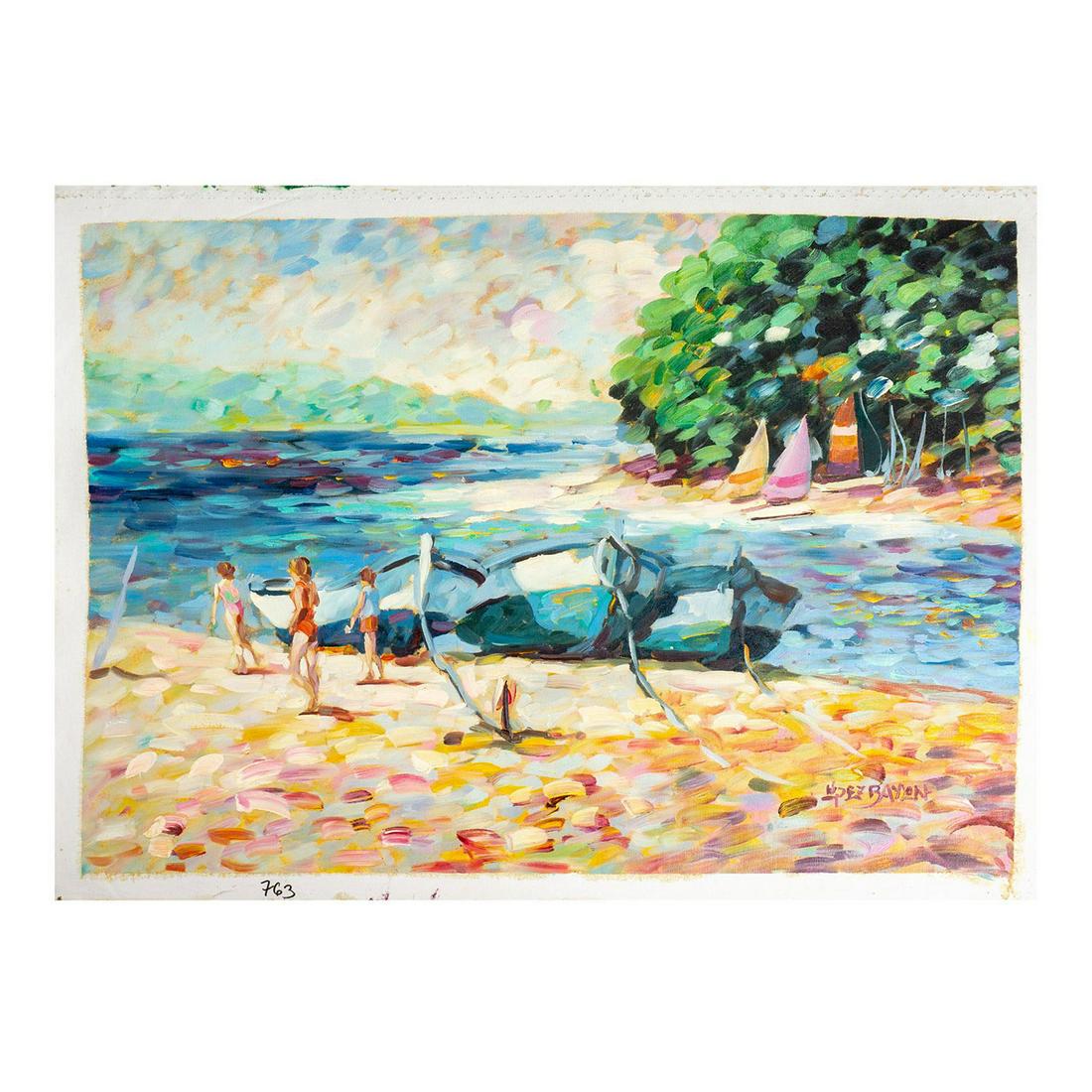 Lisandro Baylon (Argentinian b.1951) Oil on Canvas Painting: Unstretched Canvas. Artist signature lower right. Depicting children and boats at the seaside. Canvas size: 32.5"L x 26.5"H. Image size: 30.5"L x 23.75"H. #LisandroLopezBaylon #Painting Artist: Lisand
