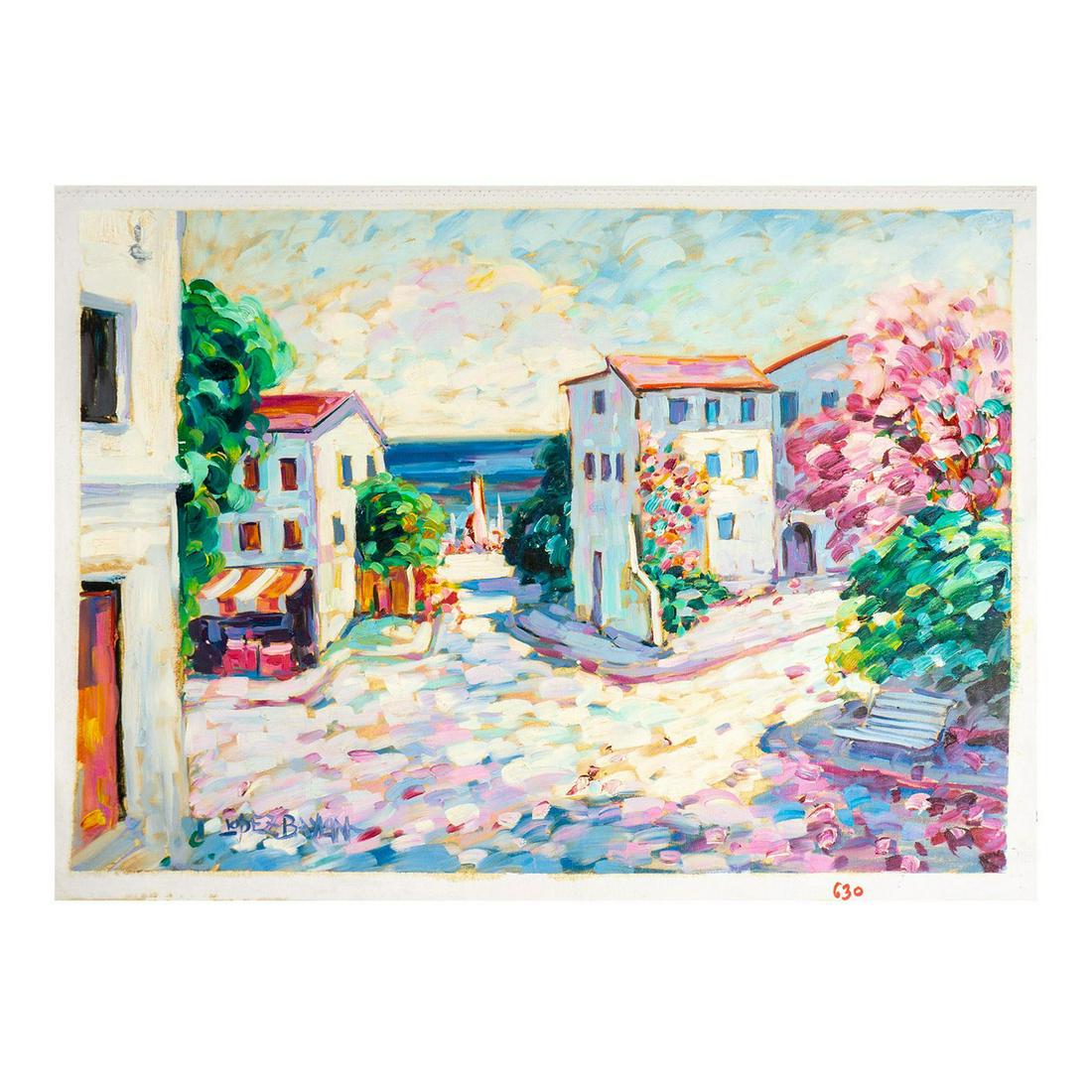 Lisandro Baylon (Argentinian b.1951) Oil on Canvas Painting: Unstretched Canvas. Artist signature lower left. Depicting a picturesque town overlooking the bay. Canvas size: 33.25"L x 26.5"H. Image size: 31.5"L x 24.25"H. #LisandroLopezBaylon #Painting Artist: L