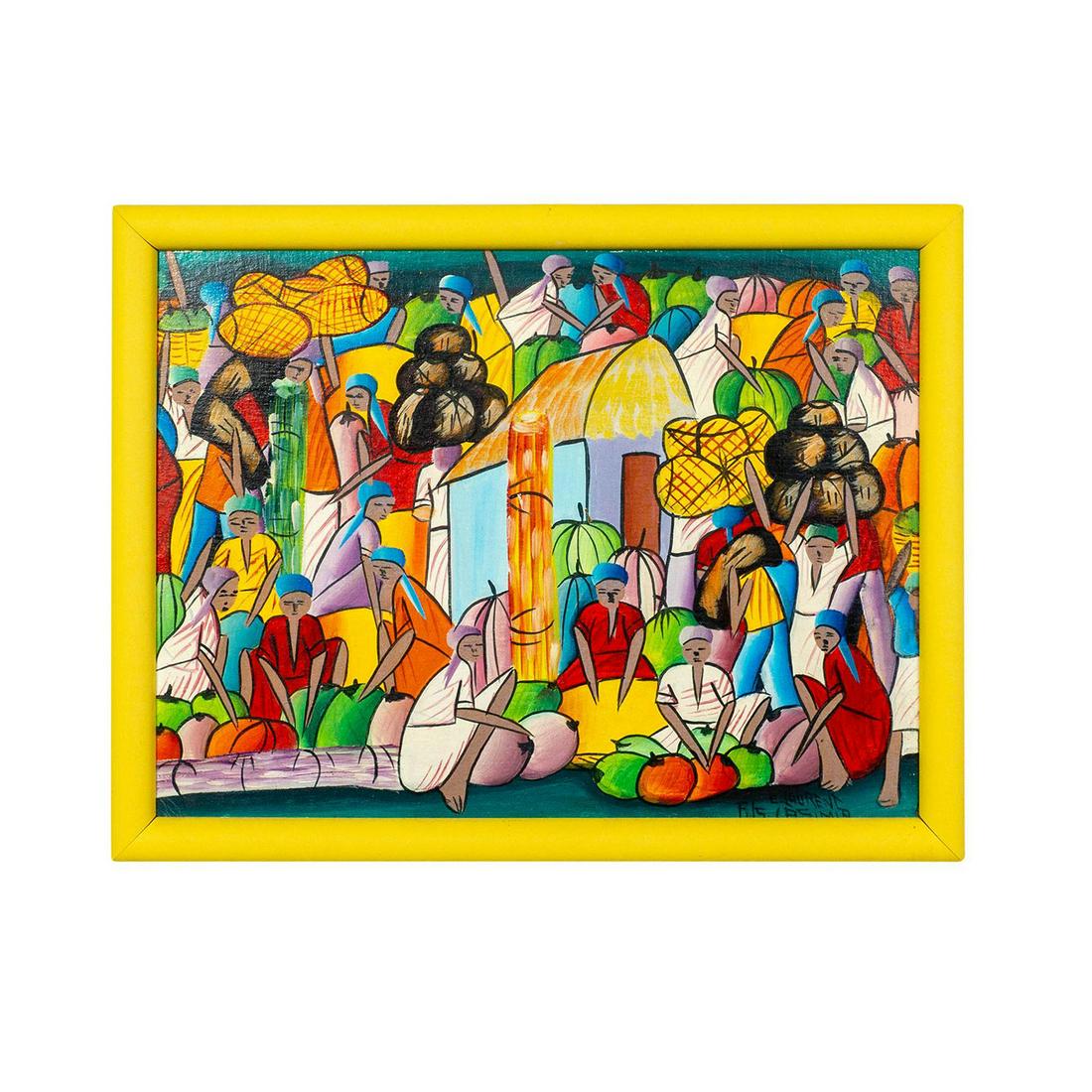 E. Laurent Fils Casimir (Haitian, 1928-1990) Oil on Board Painting, Market (1 of 4)