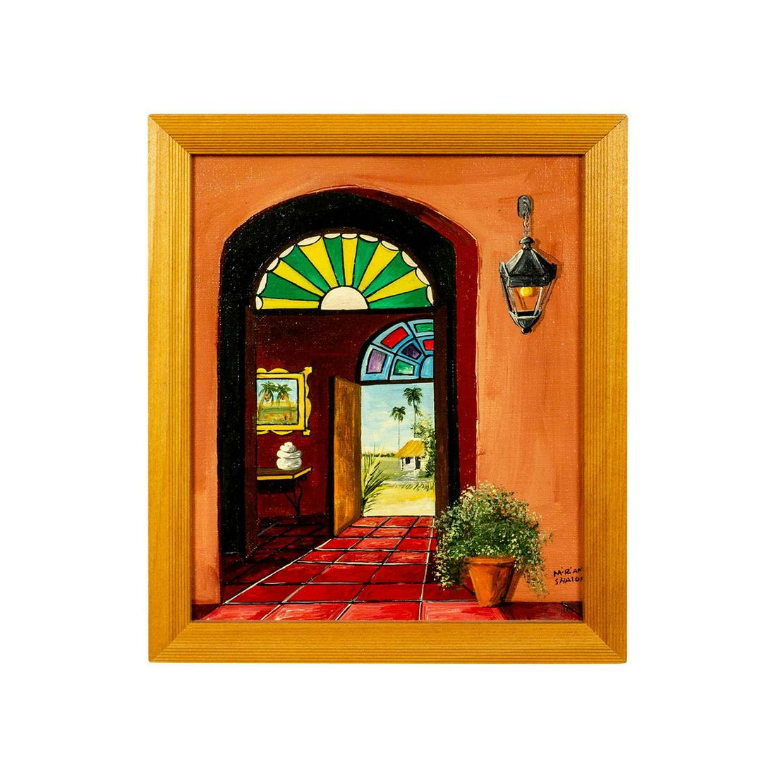 Oil Painting on Canvas Panel, Cuban Home: Housed in a wooden frame. Depicts a portrait view of a Cuban home by the countryside. Artist signed to lower right side. Frame size: 9.25in W x 11.25in H. Sight size: 7.5in W x 9.5in H. Artist: Miriam