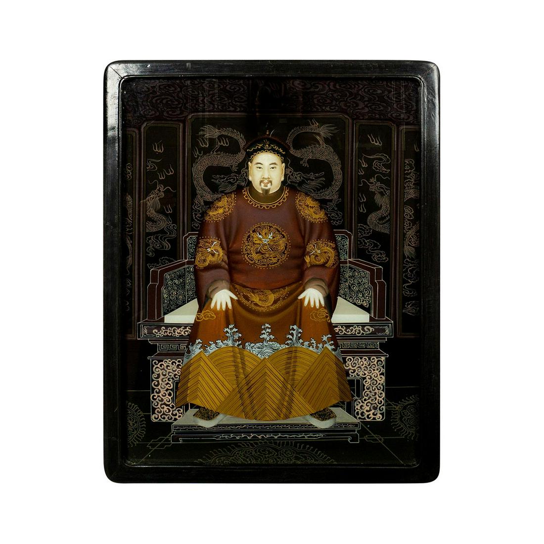 Chinese Reverse Painting on Glass, Emperor Seated on Throne (1 of 5)