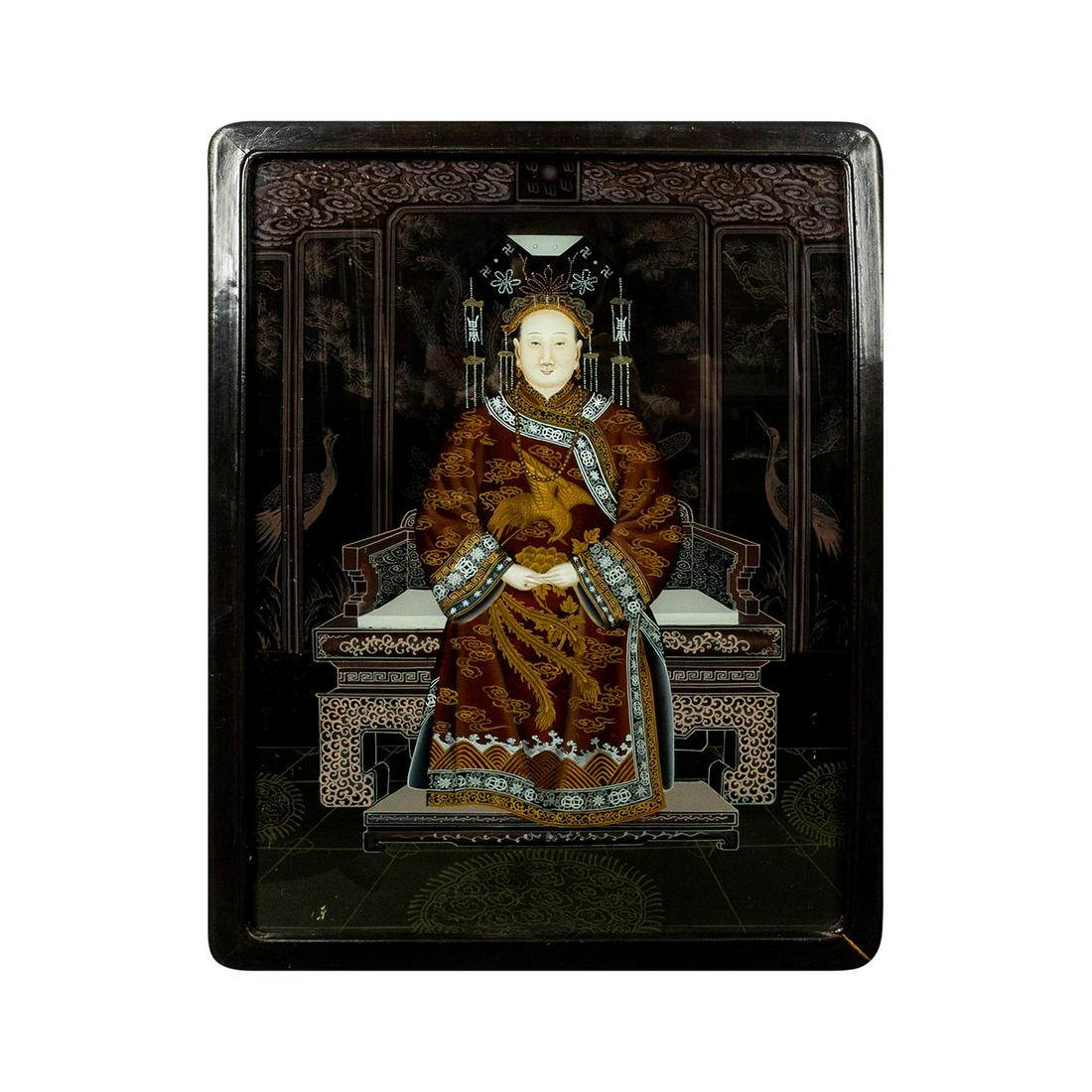 Chinese Reverse Painting on Glass, Empress Seated on Throne (1 of 5)