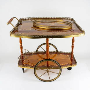 Sorrento Italian Floral Marquetry Barware Cart/Tray: Includes oval drink tray and bar cart. Decorative floral center with brass frames. Tray: 21.5"L x 12"W x 2.25"H. Cart with sides up: 31"L x 29.5"W x 28.5"H. Country of Origin: Italy