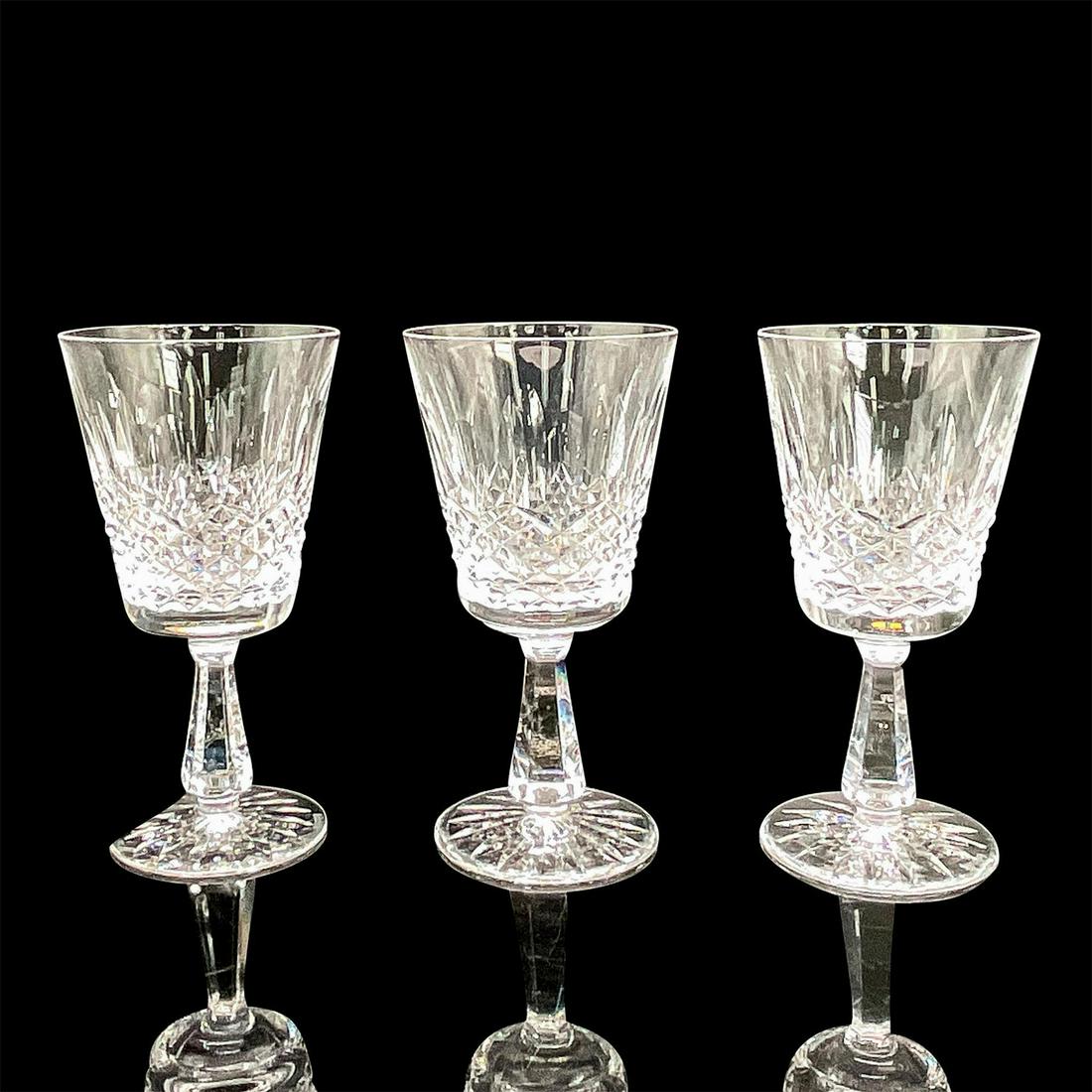 3pc Waterford Crystal Kenmare Wine Goblets: Clear crystal wine glasses with geometric and leaf pattern. Waterford etched mark. Dimensions: 6.75"H x 3.5"dia. Manufacturer: Waterford Country of Origin: Ireland