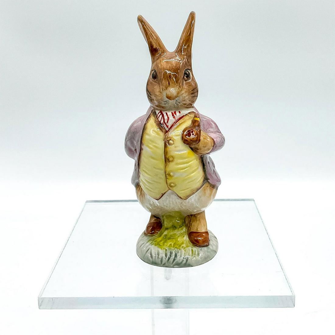 Royal Albert Beatrix Potter Figurine, Mr. Benjamin Bunny: Small size porcelain hand painted in glossy finish. Royal Albert backstamp. This item has no reserve. Issued: 1965 Dimensions: 2.25" W x 4.5" H x 1.75" Diameter Manufacturer: Royal Albert Country of O