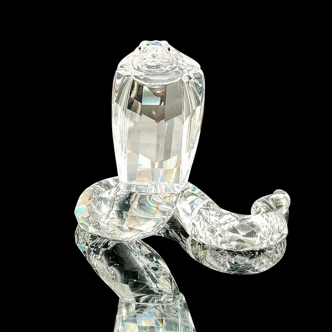 Swarovski Crystal Figurine, Cobra 243979: This retired cobra was part of the African Wildlife collection and is made from clear faceted crystal and has a rhodium forked tongue. Swarovski etched backstamp. This item has its original box. Box m