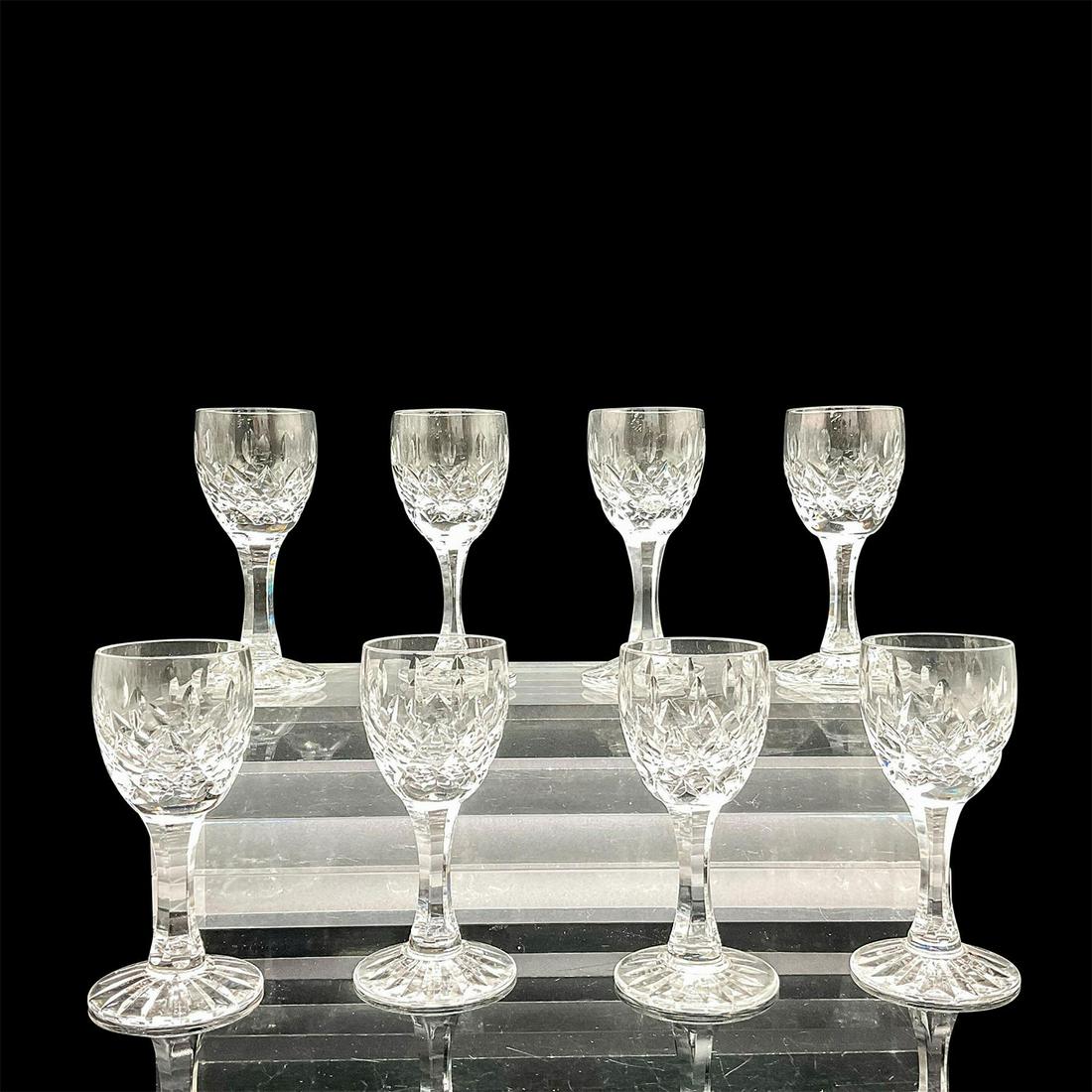 8pc Royal Brierley Cordial Glasses, Gainsborough: Short cut crystal elegant glasses, designed with criss cross pattern. Royal Brierley etched backstamp. Issued: c. 1980 Dimensions: 1.75"W x 3.75"H Manufacturer: Royal Brierley Country of Origin: Engla