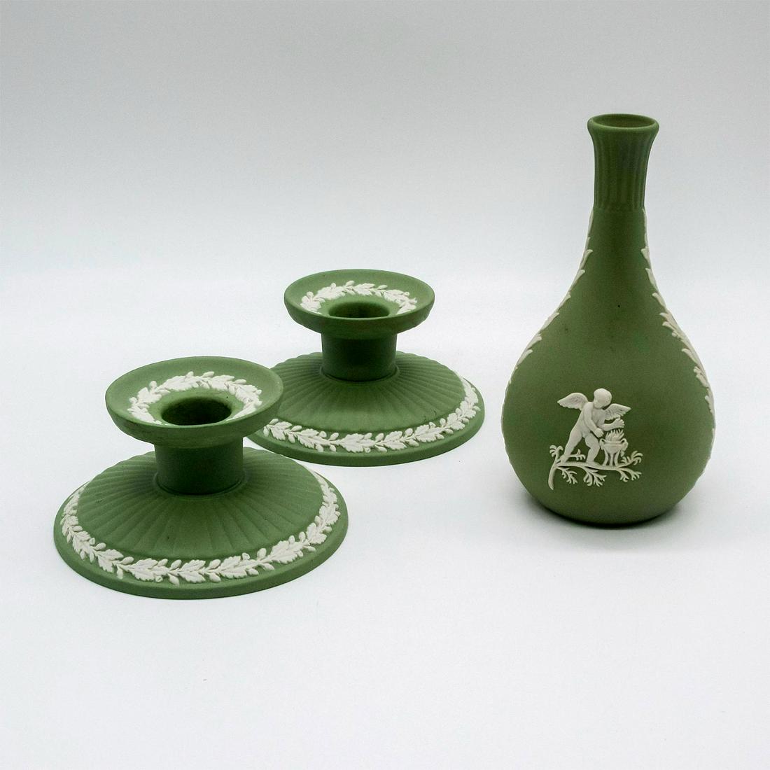 3pc Wedgwood Green Sage Jasperware Vase + Candleholders (1 of 3)