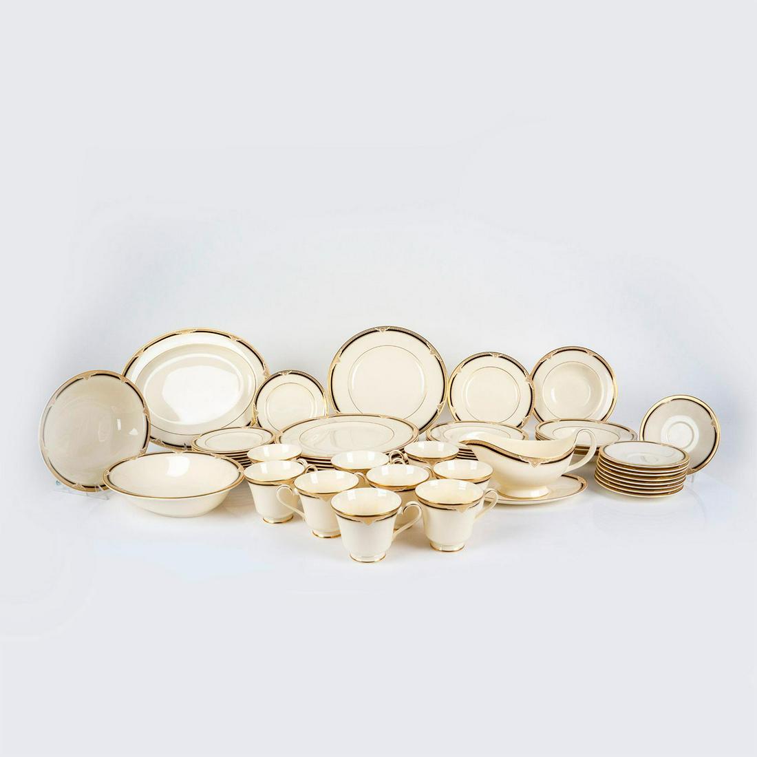 55pc Royal Doulton Bone China Tableware, Andover H5215: Decorative design of delicate gilded design with black accent on: Oval Platter (1), Serving bowls (2), Gravy bowl and plate (2), Plates (10), Bowls (4), Salad plates (9), Bread & butter plates (9), Cu
