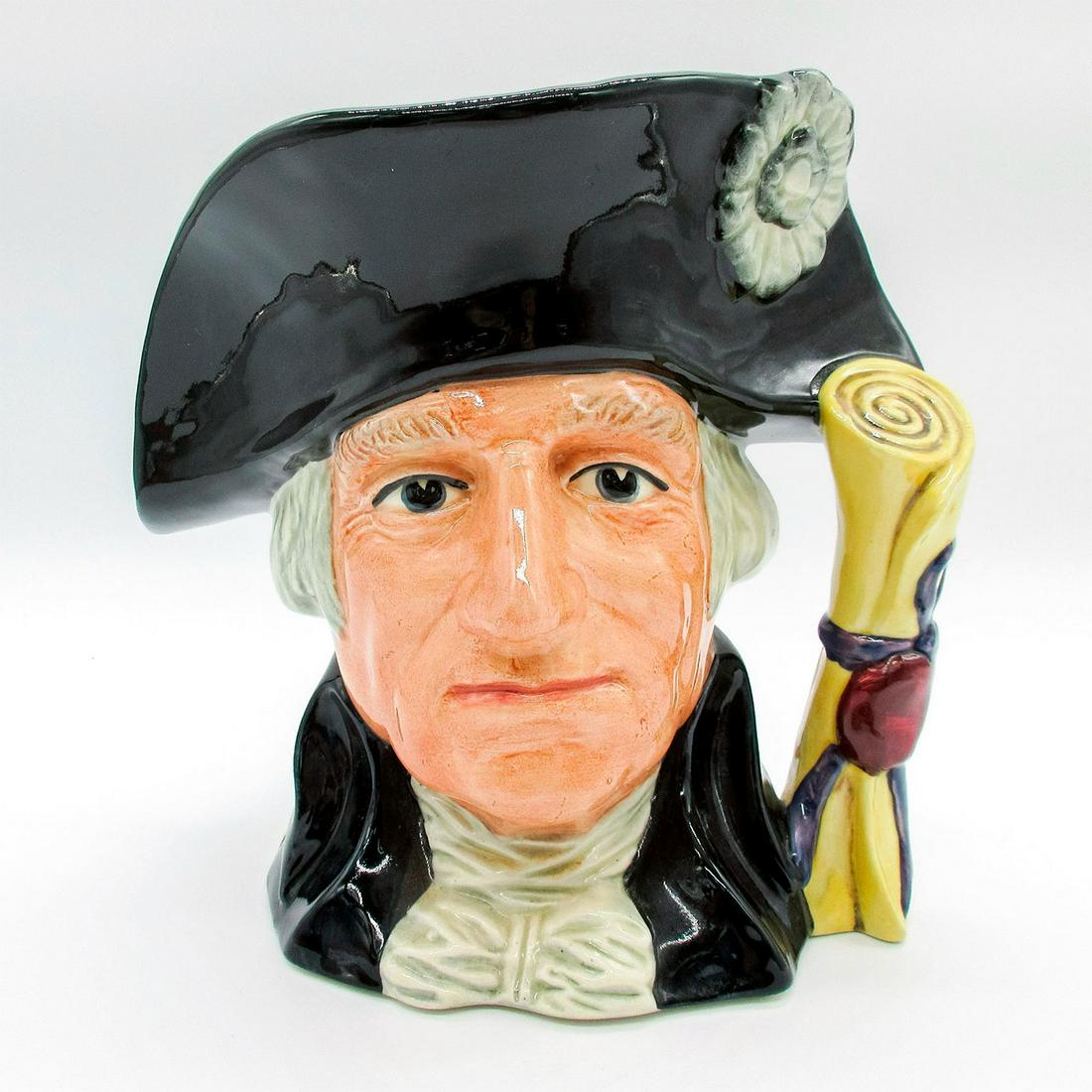 George Washington D6669 - Large - Royal Doulton Character Jug: Style One. Black hat and coat, beige shirt. Royal Doulton backstamp. Signed by Michael Doulton. Artist: Stanley J. Taylor Issued: 1982 - 1994 Dimensions: 7.5"H Manufacturer: Royal Doulton Country