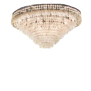 Morris Lapidus (1902-2001) Capiz Shell Ballroom Chandelier: This Morris Lapidus tiered grandeur chandelier was once displayed in the 1950's Americana Hotel in Bal Harbour, Florida before the building was demolished in 2007. The chandelier was picked up before