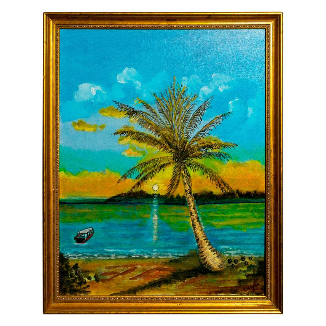 Vladimir Novak (Czech, b.1947) Oil Painting on Canvas: Seascape with a boat and a palm tree. Signed lower right. Vladimir Novak has taken part in many solo and group exhibitions. The most famous were the exhibitions "Man in the Wind" at the Ball-Game Hall