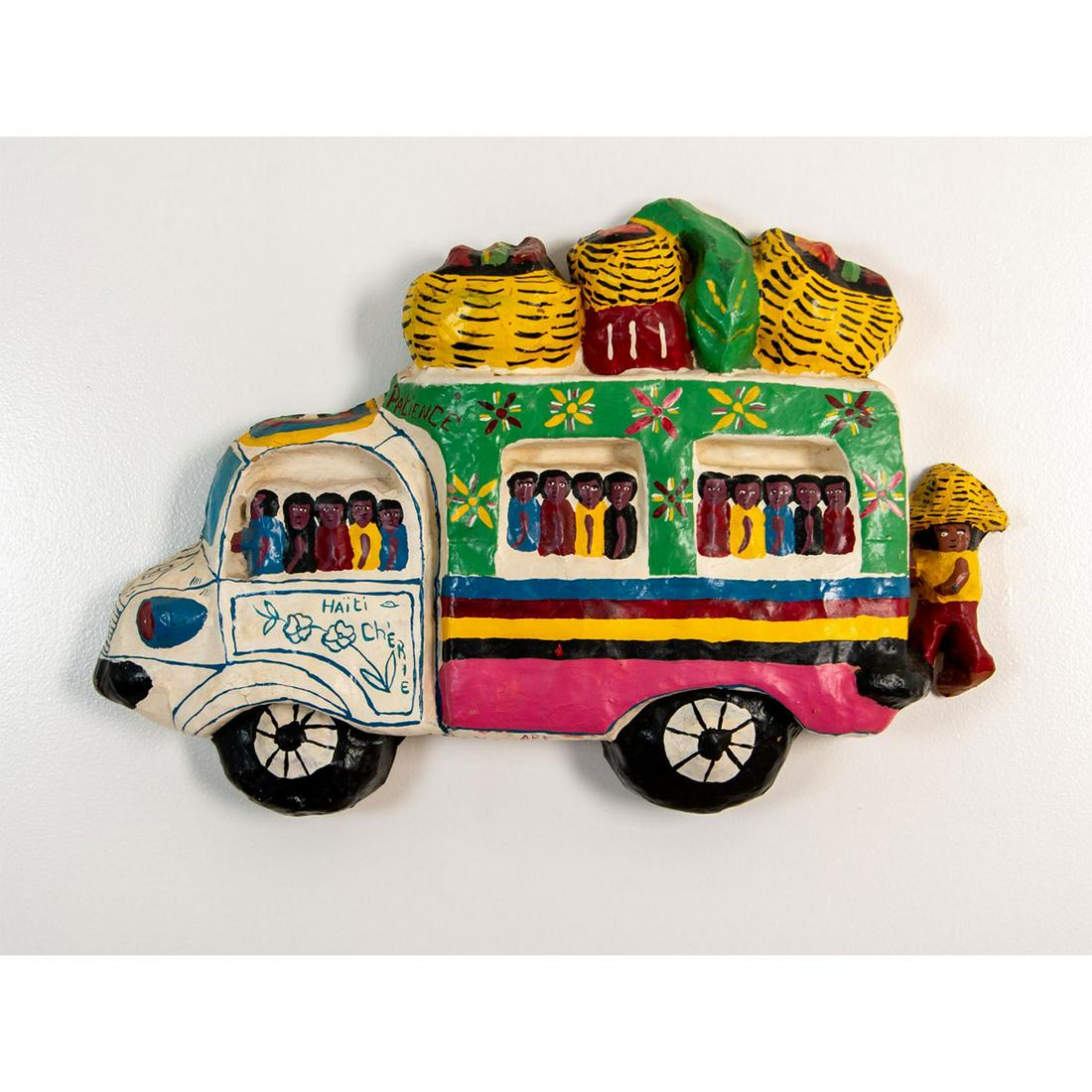Yvens Leger (Haitian, 20th c.) Folk Art Papier Mache Bus Sculpture, Haiti Cherie, Signed (1 of 5)