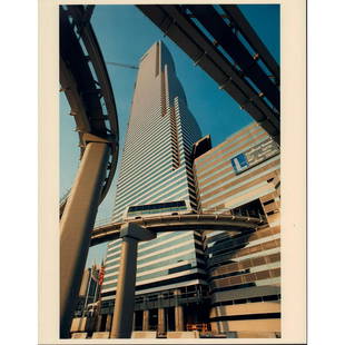 George Detrio, Color Photograph, Centrust Tower with Ramp, Downtown Miami, 1987: Photographed by Miami based photographer George Detrio. This 1987 Miami architectural splendor was designed by architectural firm I.M Pei and Partners. This photo is seen in the 1991 book, 70 Years of