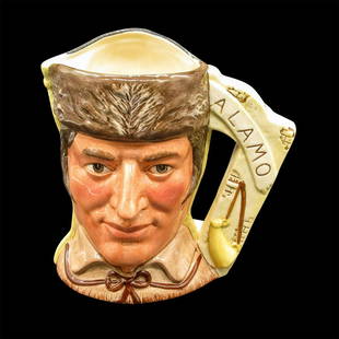 Davy Crockett / Antonio Lopez D6729 - Large - Royal Doulton Character Jug: Limited edition of 9,500; two-faced jug; yellow and brown coloration. Royal Doulton backstamp. The Antagonists' Collection. Good condition. Artist: Michael Abberley Issued: 1984 Dimensions: 7"H Ed