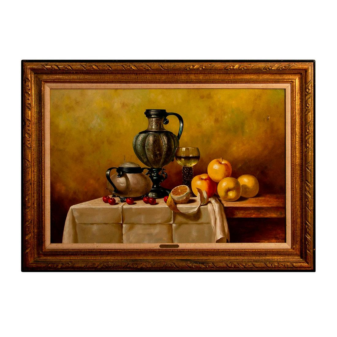 Gyula Bubarnik (Hungarian, 1936-2010) Oil Painting on Canvas: Still life with apples, cherries, orange and jugs. Signed lower right. Measures 44" x 32" including frame, 35.5" x 23.5" image only. Artist: Gyula Bubarnik