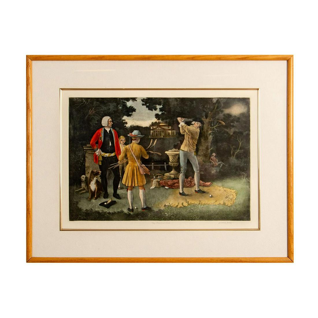 Lawrence Josset (English, 1910-1995), Mezzotint, The Practice: Mezzotint engraving of an 18th century game of golf with red-heeled gentlemen in a picturesque countryside made by Lawrence Josset (English, 1910-1995). Title in pencil on lower center: "The Practice