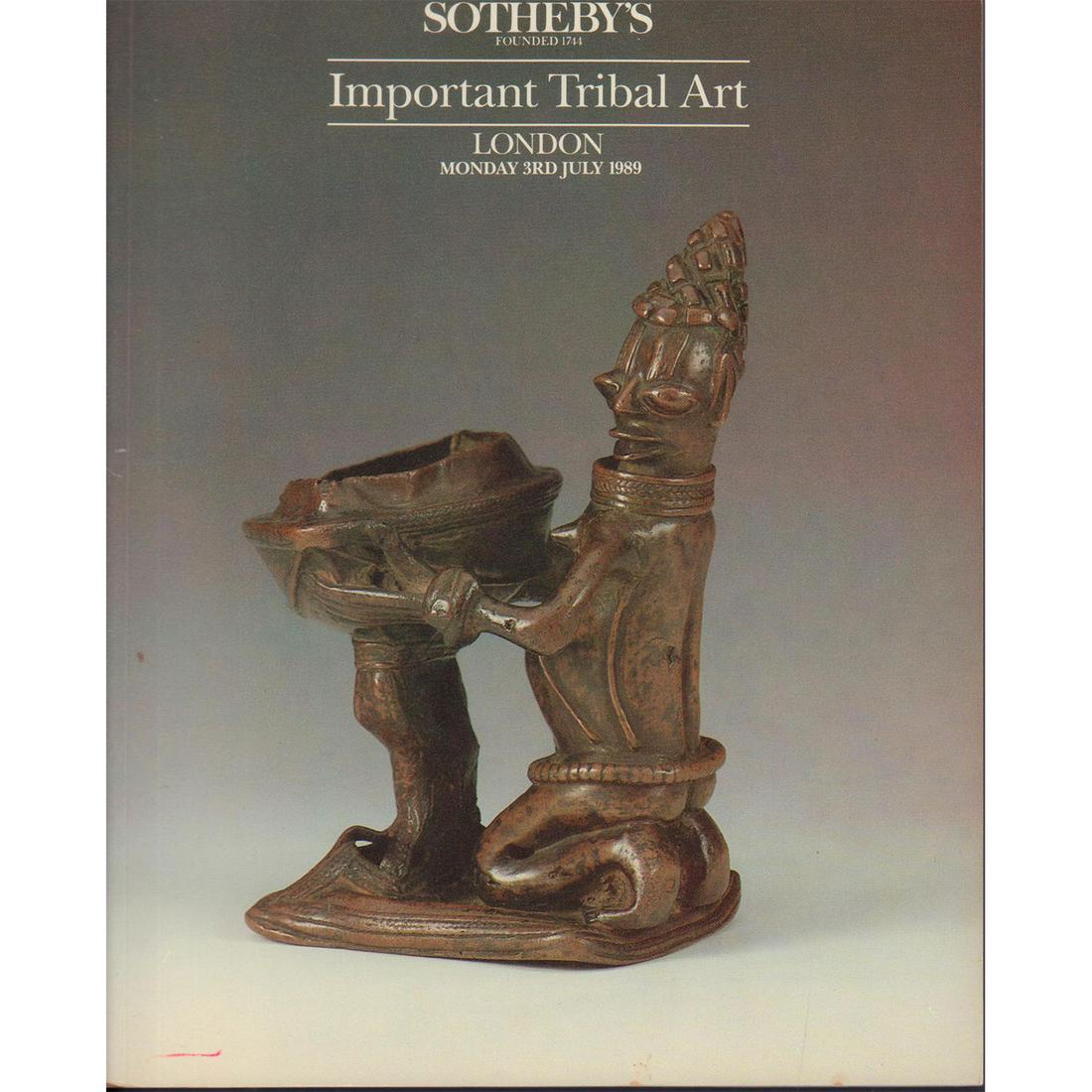 Auction Catalog, Sotheby's Important Tribal Art: â€˜London, Monday 3rd July 1989.â€™ Covering regions of North America, Indonesia, Oceania, and Africa. Contains many color and black and white photographs. 196 lots. Dimensions: 8.25"W x 10.5