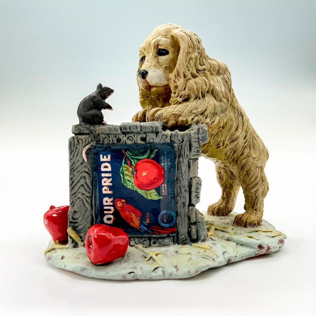 The Hamilton Collection Figurine, Double Take: A figurine that depicts a cocker spaniel standing on top a box of apples to look at a mouse. The Hamilton Collection backstamp. Dimensions: 4.25"L x 3"W x 4"H