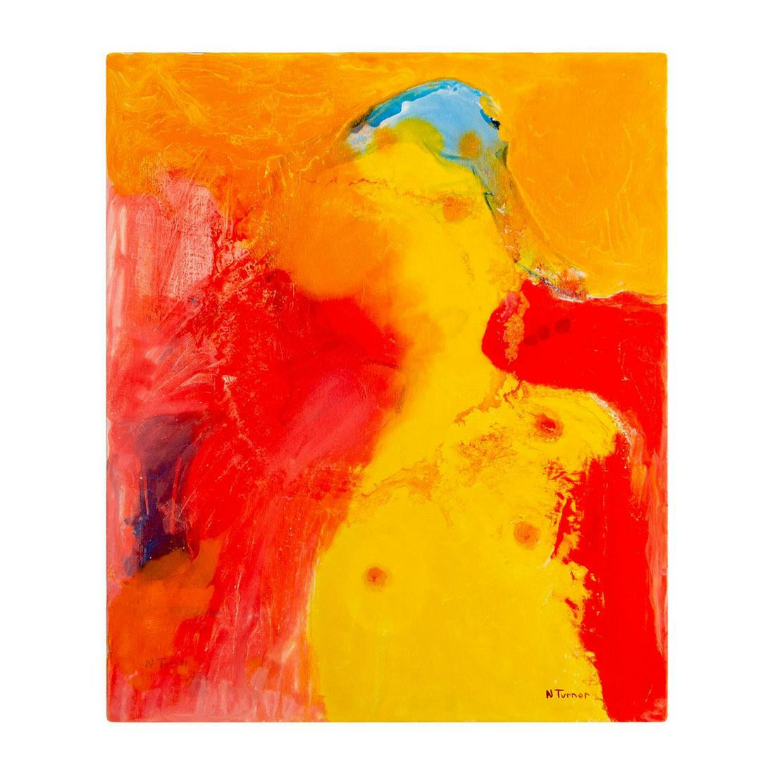 Neal Turner (American, b. 1964), Original Acrylic Painting, Nude: The acrylic on canvas, "Je suis celle qui sait vous garrotter" (I am the one who knows how to strangle you) depicts a partially visible nude woman staring with one large eye. Abstract Expressionist ar
