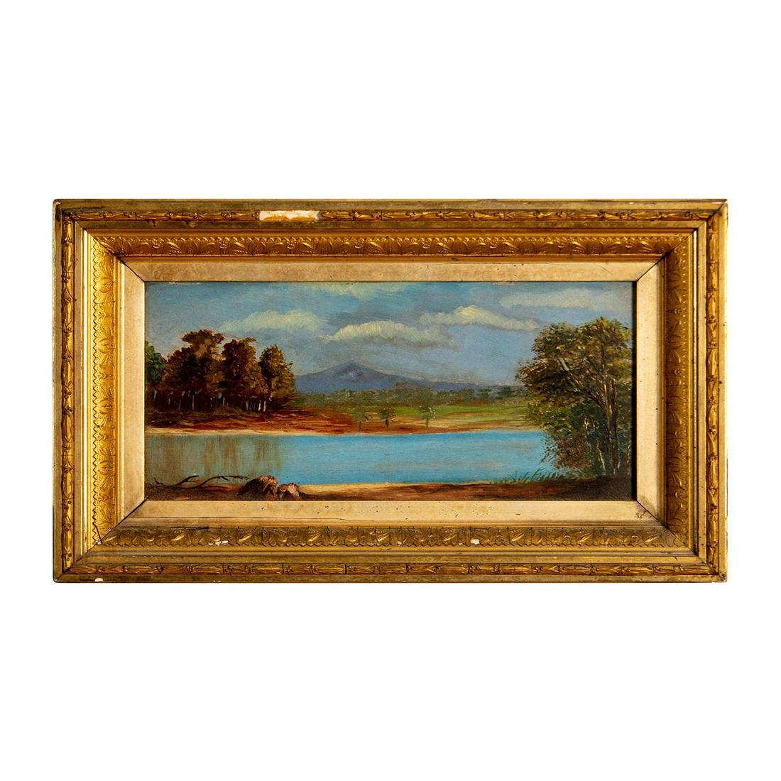 Original Oil, Landscape Pastoral View with Serene Lake: Oil on board painting of a sunny landscape that includes a lake view and a mountain in the distance. Artwork dimensions: 10.60"L x 5.25"H. Frame size: 14.60"L x 9.25"H. Issued: c. 1950