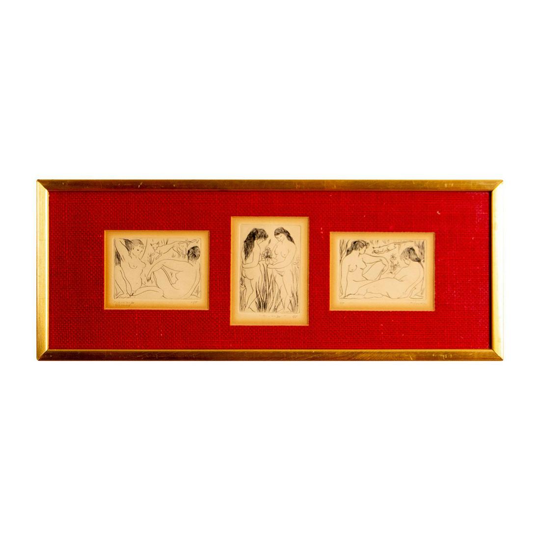 C. Howard, Dry Point, Erotic Tryptic with Female Nudes: Dry point etching on paper of a tryptic set in the same frame. Each represents two erotic nude women with cats or/and flowers in nature. On the left image in pencil, "C. Howard. Dry point. 1/5." In th
