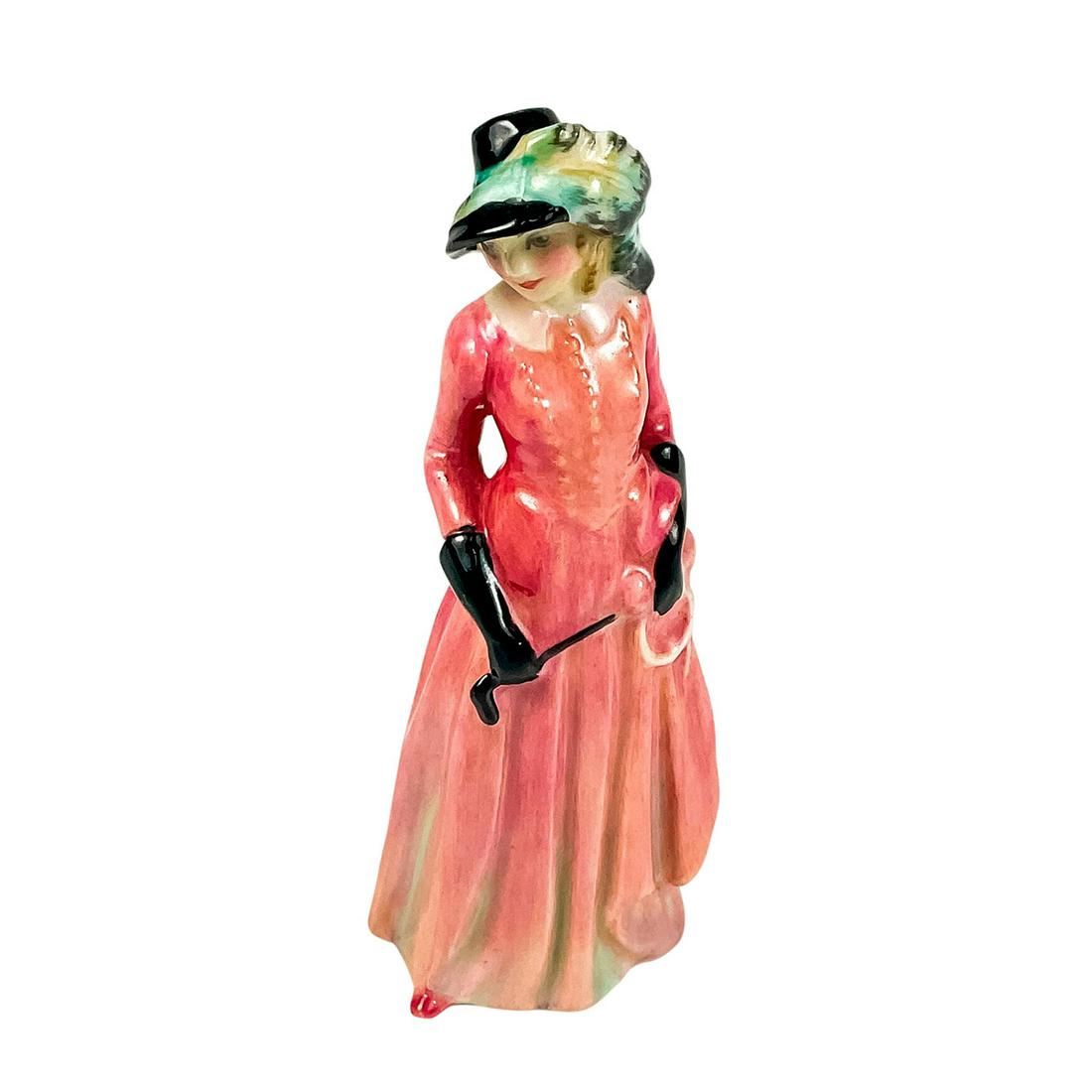 Maureen M84 - Royal Doulton Miniature Figurine: Miniature figure of a lady with pink dress. Early figure with nice coloring with black hat with feather, pink dress, black gloves. Artist: Leslie Harradine Issued: 1920s Dimensions: 4" H Manufacturer: