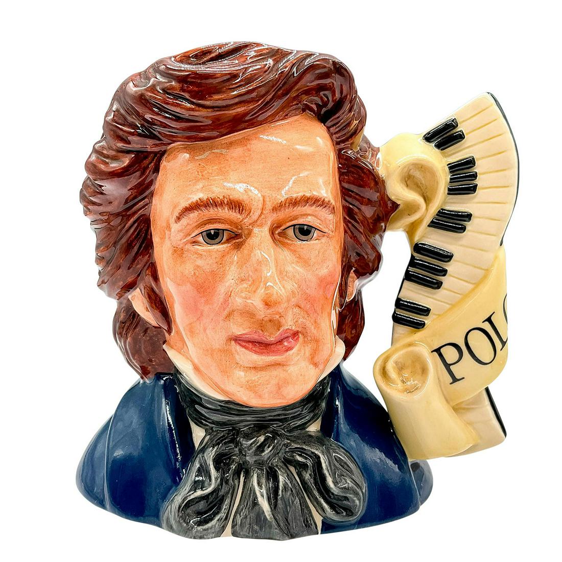 Chopin D7030 - Large - Royal Doulton Character Jug: Dark blue, black, brown, white and yellow. Series: Great Composers. Royal Doulton backstamp. Artist: Stanley J. Taylor Issued: 1996 - 2000 Dimensions: 7"H Manufacturer: Royal Doulton Country of Or