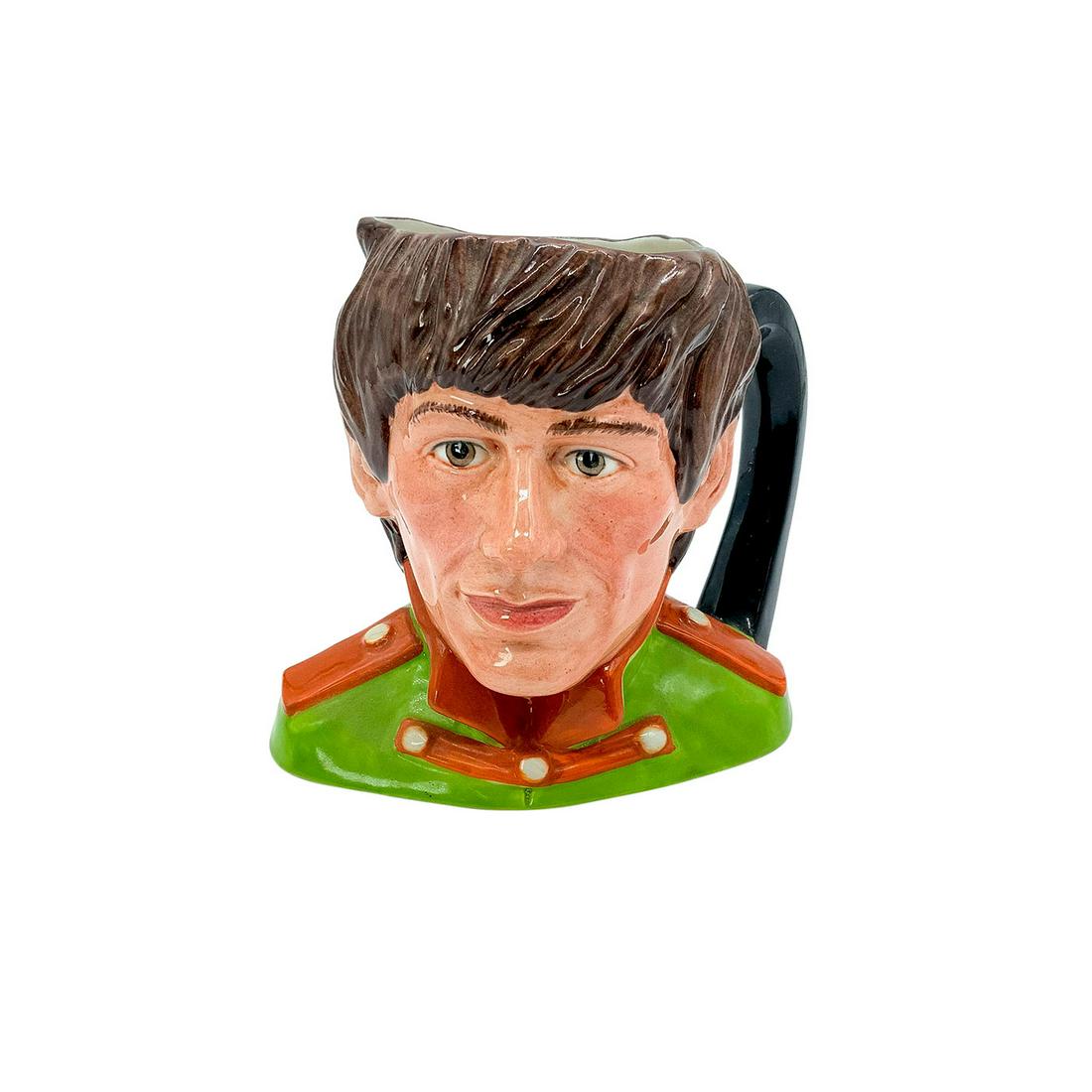 George Harrison D6727 - Odd Size - Royal Doulton Character Jug: Green tunic; orange collar and epaulettes. George Harrison (1943 - 2001) played guitar and wrote songs for the Beatles. Upon the breakup of the group, Harrison pursued a successful solo career until h