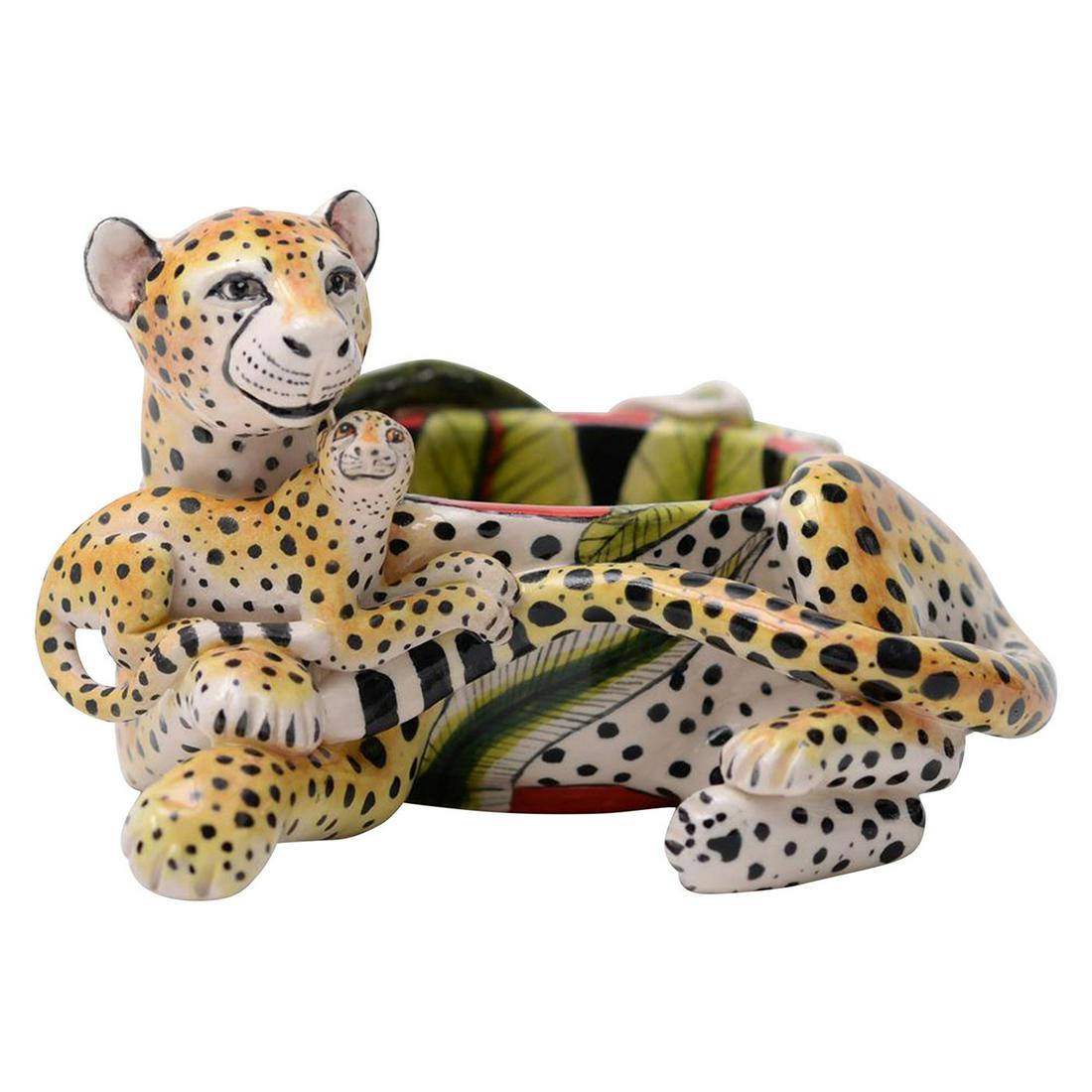 Leopard & Cub Egg Cup by Ardmore Ceramics: Hand sculpted by Senzo Ntshalintshali and hand painted by Mama Ntombela in South Africa. Dimensions: 3"H x 5"L x 5"W Manufacturer: Ardmore Ceramics Design