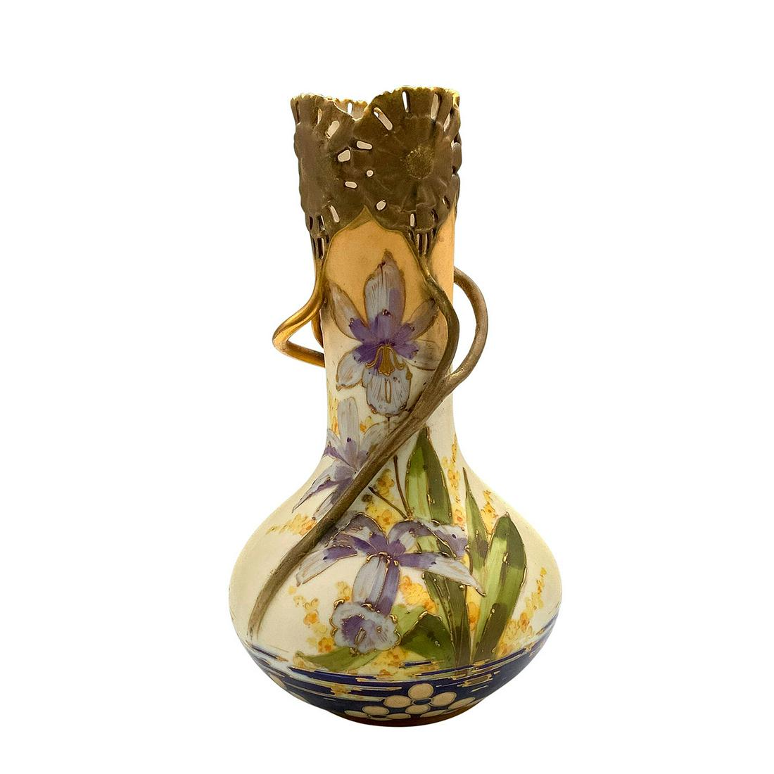 Turn Teplitz RStK Art Nouveau Iris Flower Gilt Amphora Vase (1 of 3)