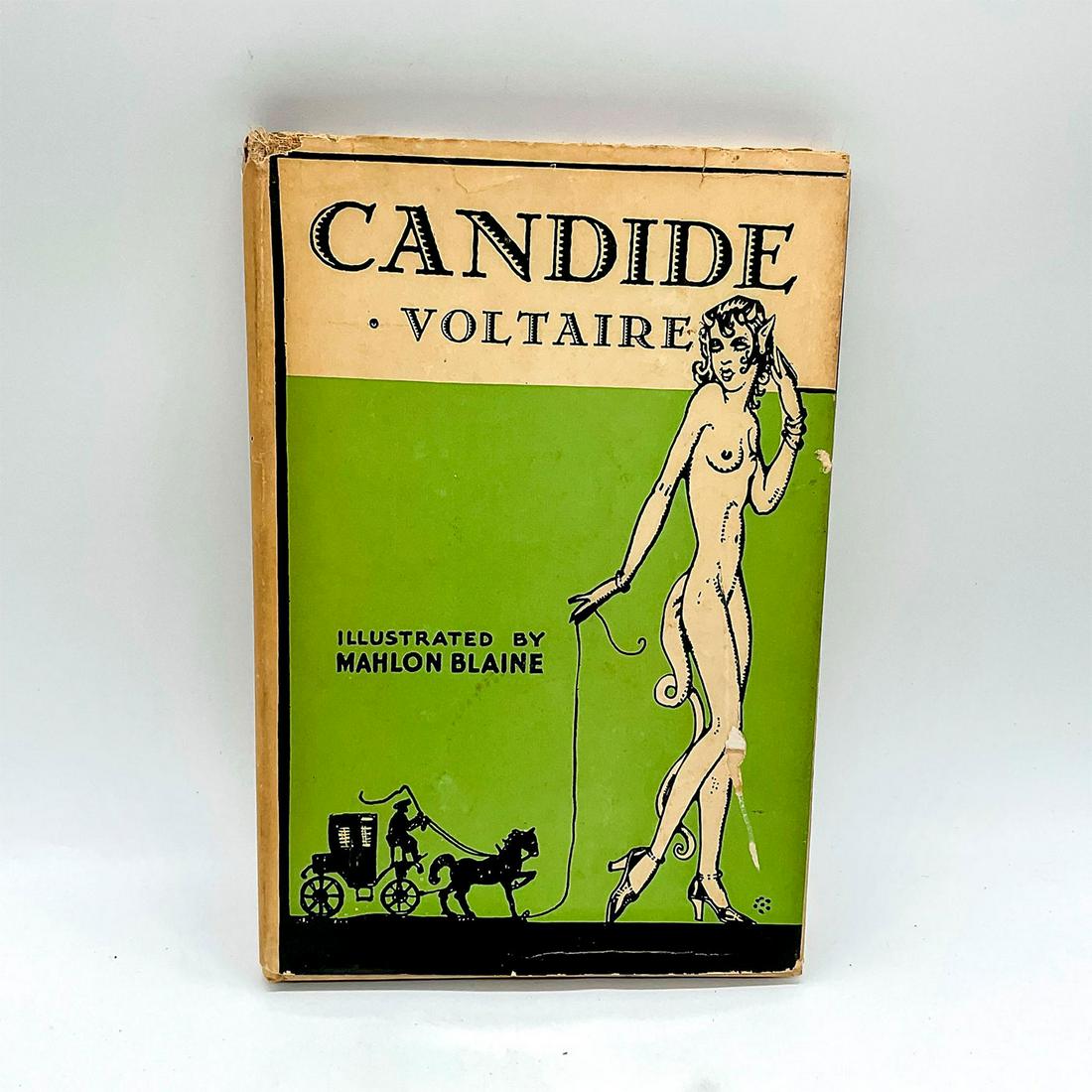 Vintage Hardcover Book, Candide: Illustrated novel of the French satire with original slipcover. Depth: 0.5in. 144 pages. Artist: Voltaire and Mahlon Blaine Issued: 1930 Dimensions: 5.5"W x 8"H Manufacturer: Arden Book Company Co