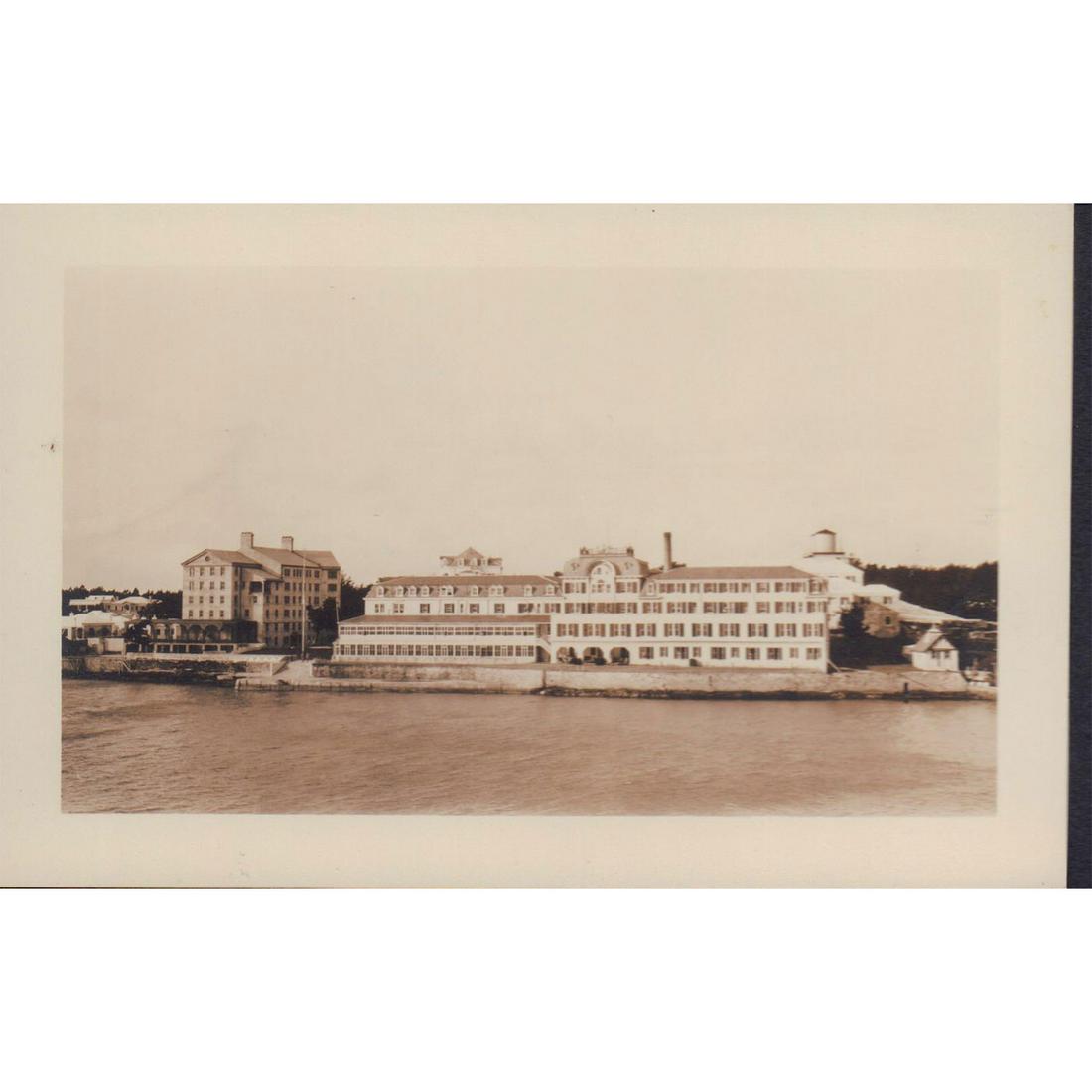 Antique Historical Hotel Photograph of Hamilton Princess: Black and white photo of a grand hotel along the Hamilton Harbour, Bermuda. Issued: c. 1885 Dimensions: 5.25"W x 3.5"H