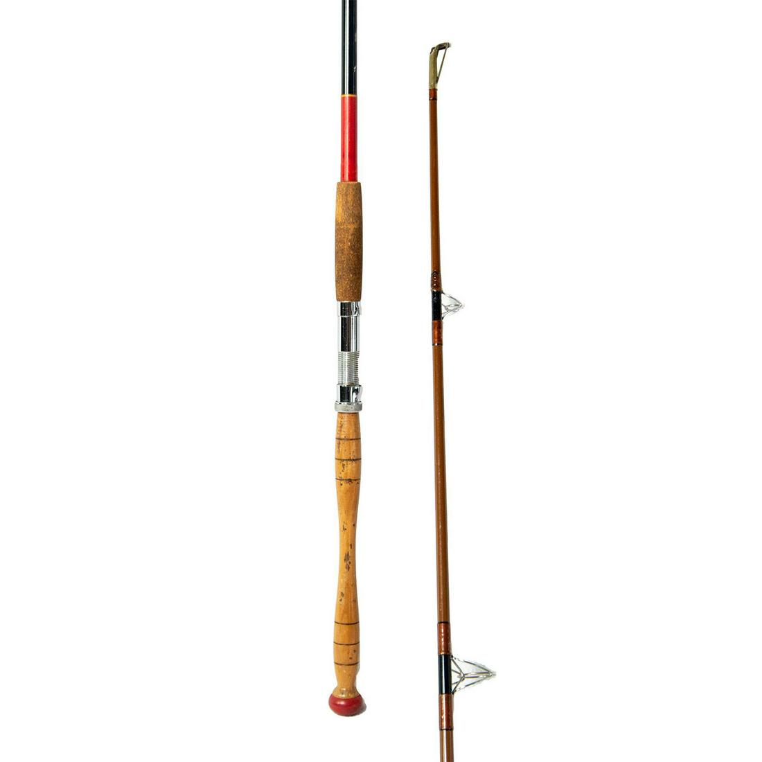 Vintage Harnell 10 Ft. Surf Rod 2pc 1-4 oz.: Beautiful original Harnell rod, wood handle, black blank, with red and yellow wrap. Two piece rod, longest piece measures 61 inches. Dimensions: 10'L Manufacturer: Harnell Country of Origin: USA