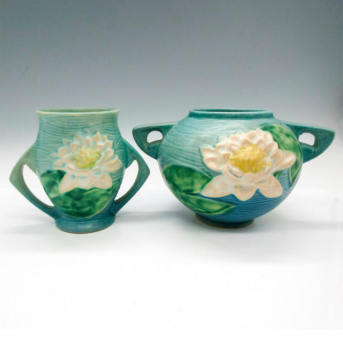 2pc Roseville Pottery Double Handled Vases, Water Lily (1 of 3)