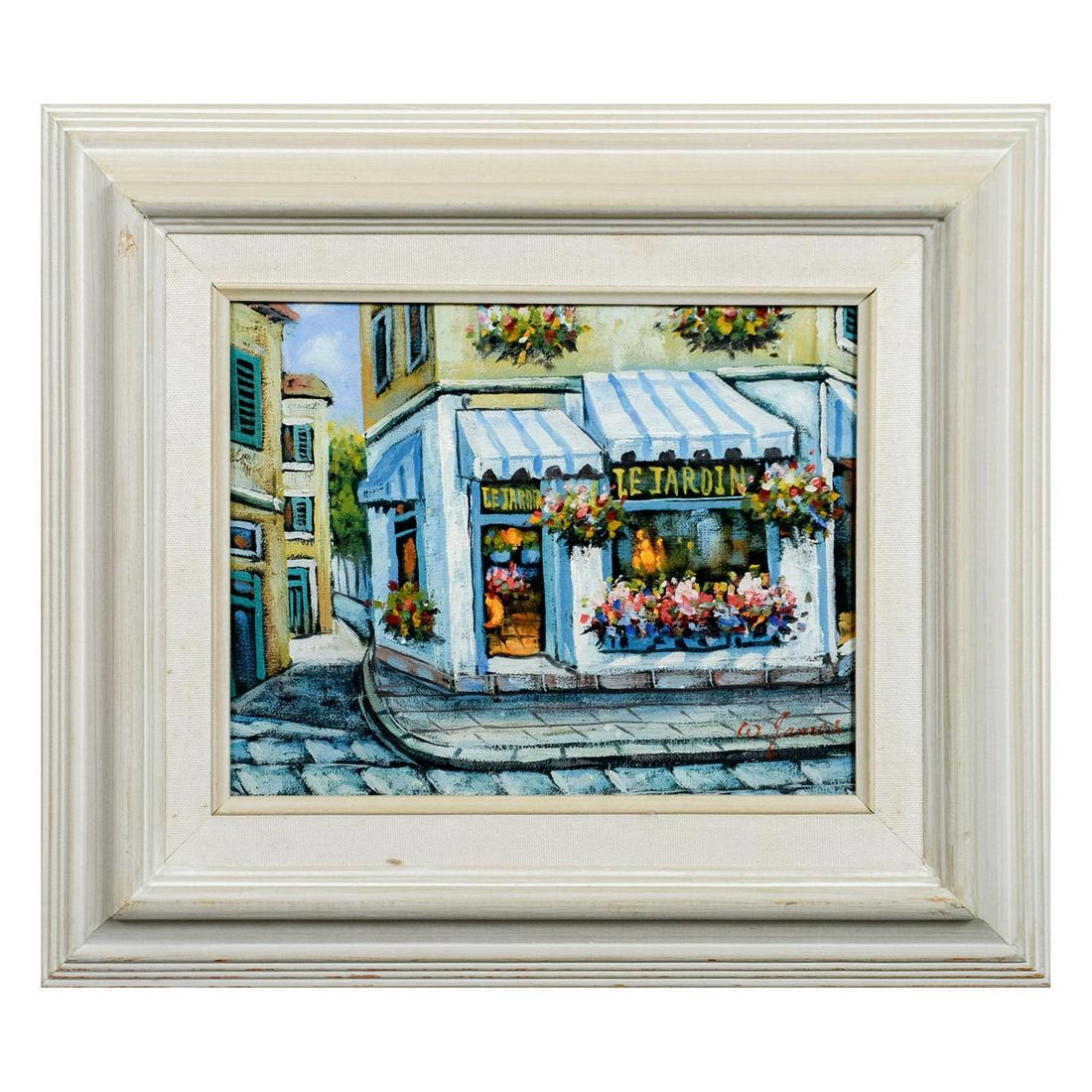 W. James, Original Oil Painting On Canvas, French Scene, Signed: Quaint street scene with "Le Jardin" restaurant by artist W. James made oil on canvas. Signature on lower right. Framed in a white washed wood frame with a cream linen mat. Frame size: 15.10"L x 13.10