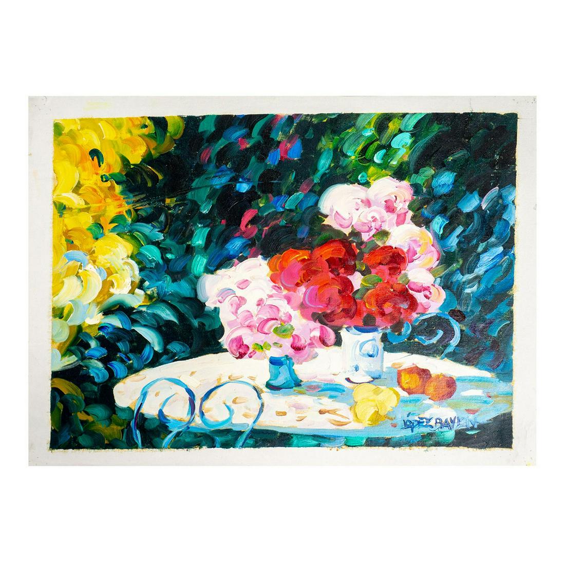 Lisandro Baylon (Argentinian b.1951) Oil on Canvas Painting: Unstretched Canvas. Artist signature lower right. Depicting still life of flowers and fruit on a patio table in a garden. Canvas size: 22.75"L x 19"H. Image size: 20.5"L x 16.75"H. #LisandroLopezBaylo