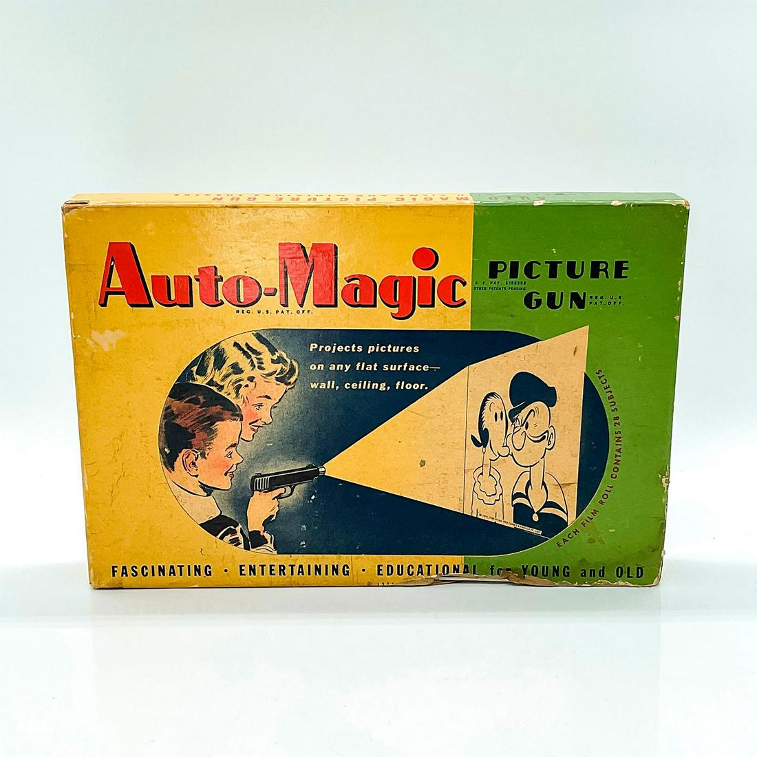 Original Auto-Matic Picture Toy Gun: Vintage toy designed to project picture on any flat surface. This item has its original box with measurements 9.5 in. L x 6.25 in. W x 1 in. H. Issued: c.1930 Dimensions: 6"L x 0.75"W x 3.5"H Manufact