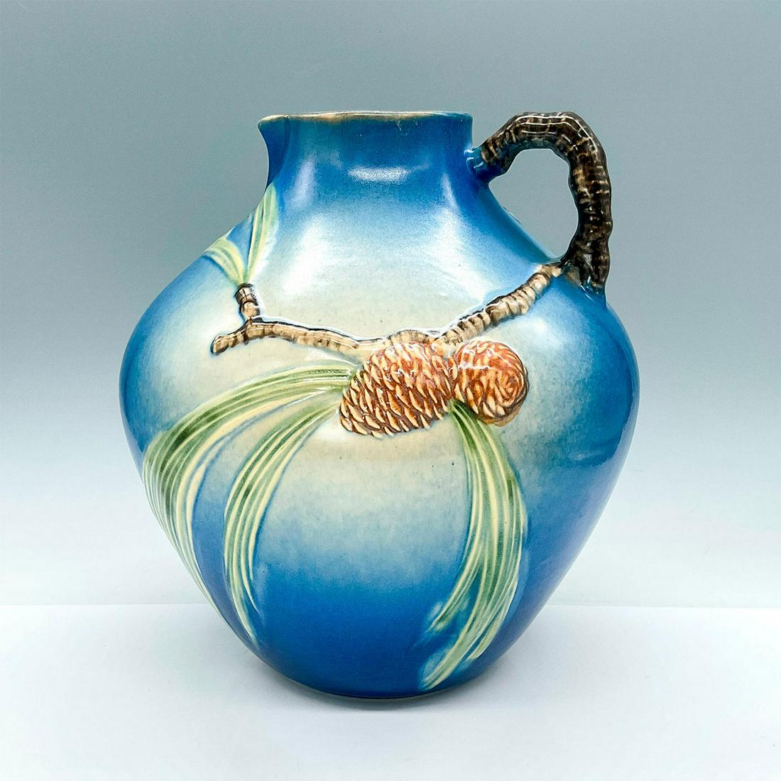 Roseville Pottery Blue Pitcher, Pinecone Auction
