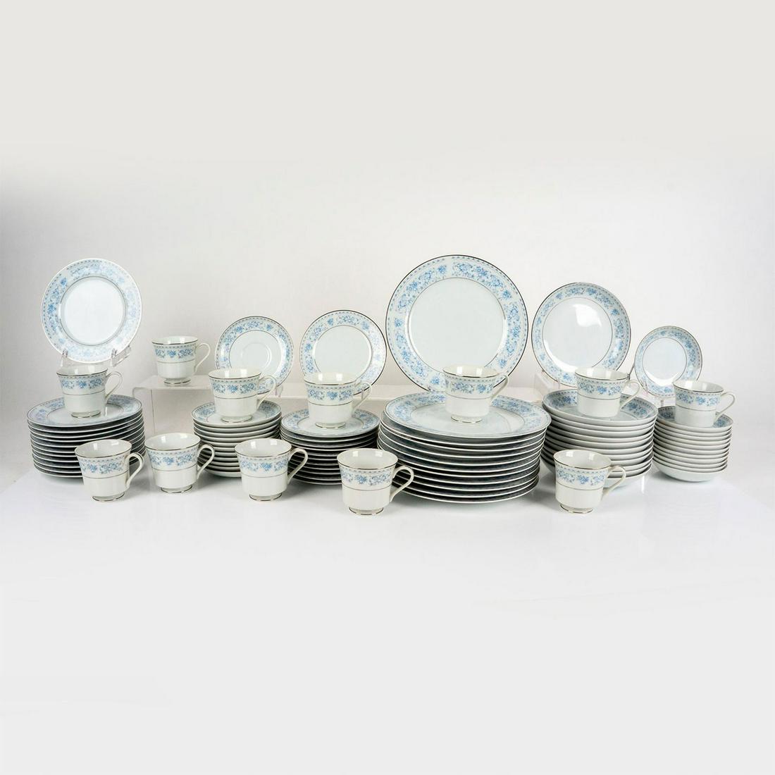 84pc Vintage Sone China Dinnerware, Son89: 12 dinner plates, 12 salad plates, 12 bread and butter plates, 12 soup bowls, 12 dessert bowls, and 12 cups with 12 saucers. Decorated with blue flowers and platinum trims. Sone Japan backstamp on the